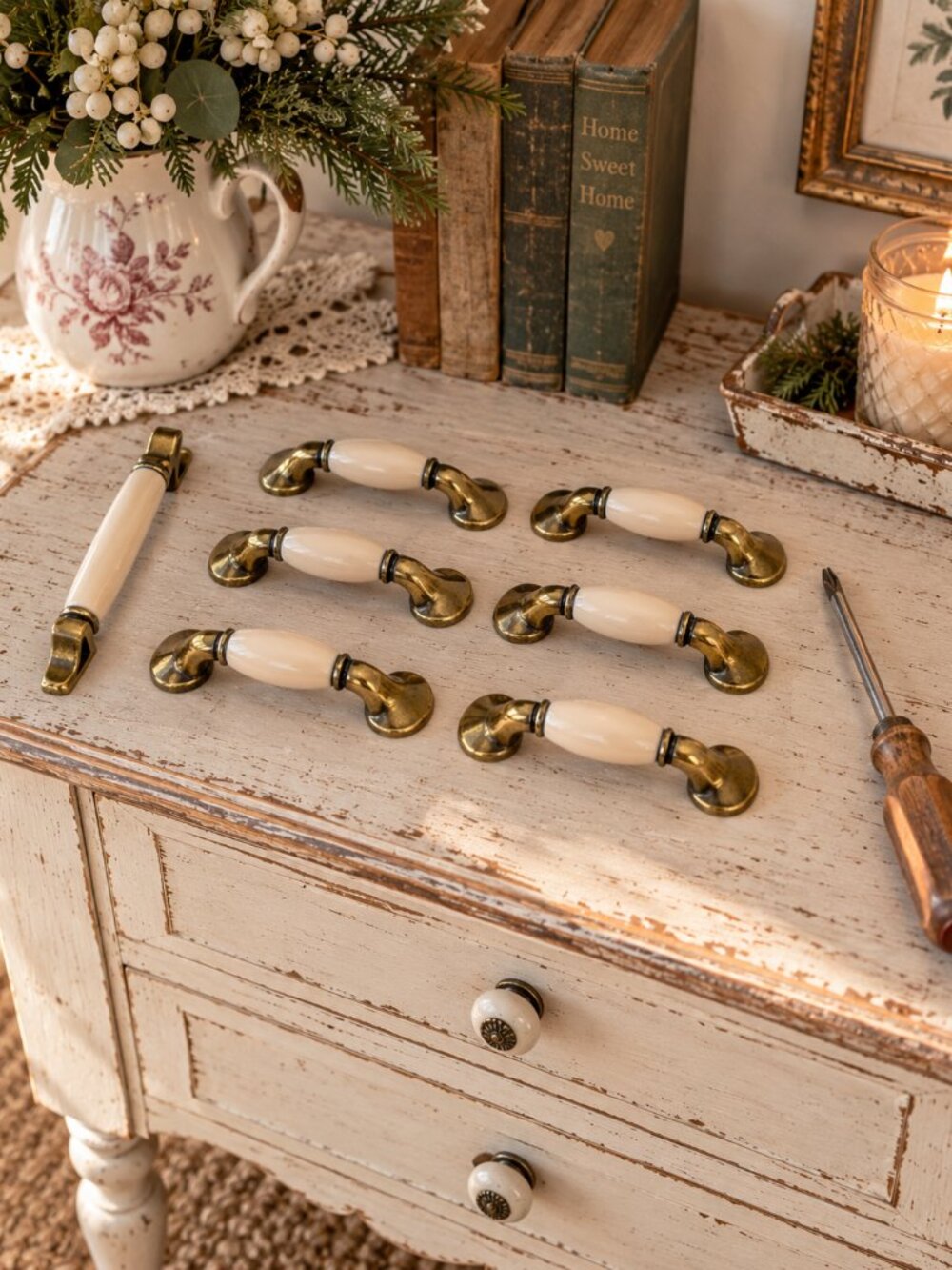 Vintage Brass & Ceramic Cabinet Drawer Pulls 3” Centers – Set of 7 Taiwan & Cana